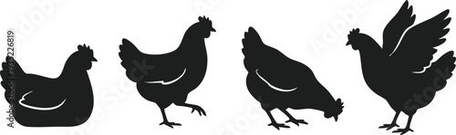 Four Silhouette Chickens in Different Positions.