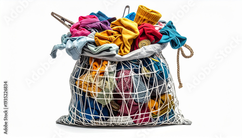 Overstuffed mesh laundry bag loaded with colorful casual clothing and socks isolated on clean white background studio lighting eco-friendly reusable home organization