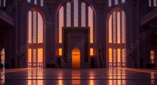 Mosque Interior at Sunset with Arches and Ornate Details
