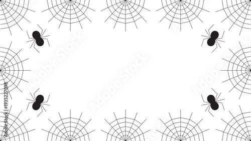 A black and white illustration of spiders and spiderwebs on a clean white background for Halloween or a spooky theme