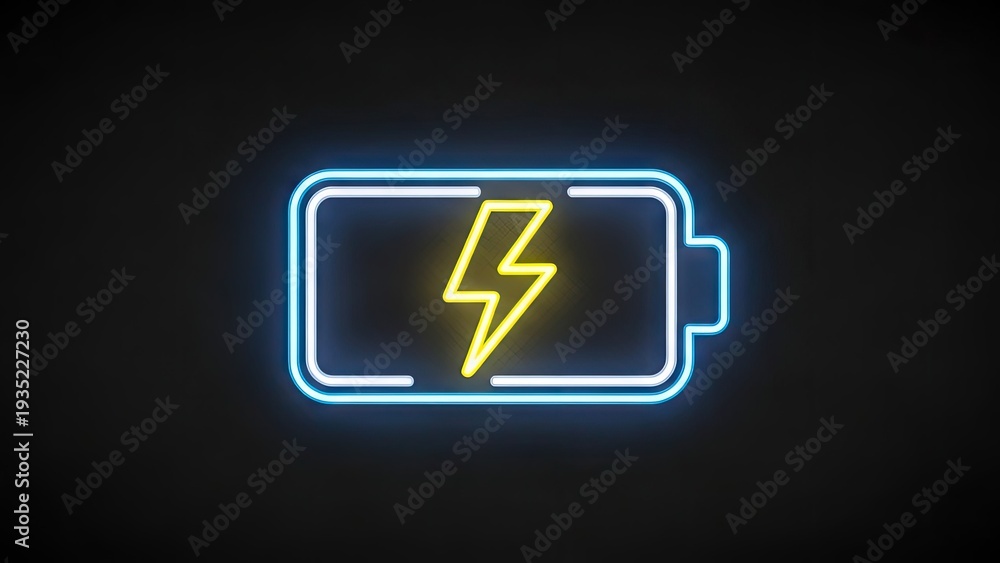 Fototapeta premium Neon battery symbol glowing on a black background technology concept
