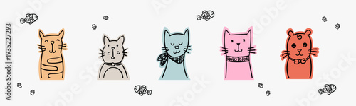 Cute colorful cat illustration with five cartoon cats and fish elements perfect for kids decor nursery prints and playful designs minimal doodle style