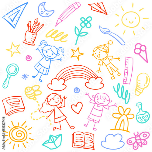 Hand drawn kids doodle collection featuring happy children, rainbow, and school supplies. Minimalist line art illustration for childhood and education designs, isolated on white background.