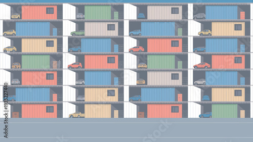 A colorful illustration of a multi-level parking garage with cars and shipping containers