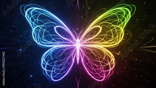 Neon butterfly illustration with colorful glowing wings on a dark background