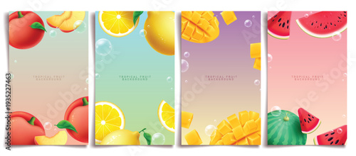 Summer tropical fruit background clipart poster set. Summer tropical fruit like peach, lemon, mango and watermelon with bubbles clip art in colorful background for tropical season banner template 