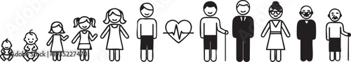 Black and white stick figures representing a family life cycle people