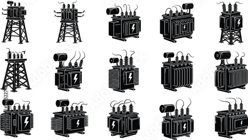 Industrial electrical power transformer and high voltage substation silhouettes set for energy infrastructure electricity distribution and utility power 