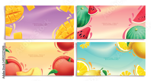 Summer tropical fruit background clipart banner set. Tropical fruit in colorful background like mango, watermelon, peach and lemon clip art fresh, healthy and juicy food for tropical season poster 
