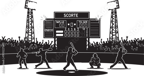 Baseball game at night with scoreboard and crowd cheering