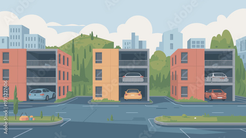 A vibrant illustration of a modern parking garage in an urban setting with city buildings and nature in the background.