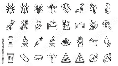 Collection of simple vector icons depicting various insects and parasites for educational or health-related themes with related medical and scientific elements in a clean and minimalist style.