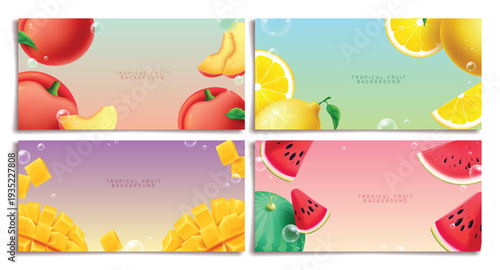 Summer tropical fruit background clipart banner set. Tropical fruit like peach, lemon, mango and watermelon in bubbles colorful background clip art for tropical season sweet and juicy food poster 