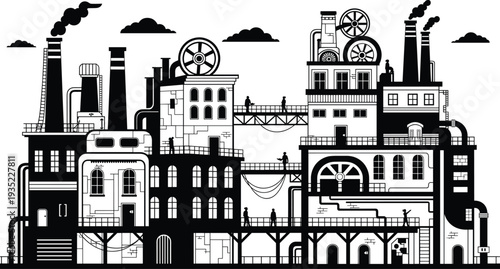 Industrial factory complex silhouette with smokestacks, pipes and workers, detailed manufacturing plant illustration isolated on white background for industry and engineering design