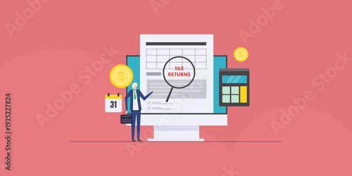 Virtual Tax return document on monitor, corporate accounting and advance financial computing, digital audit control.