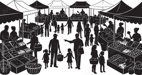 Black and white illustration of a busy outdoor market scene