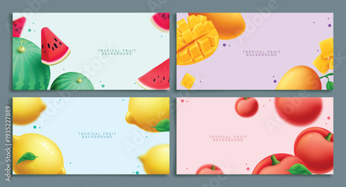 Summer fruit tropical background clipart banner set. Tropical fruit like watermelon, mango, lemon and peach fresh, healthy and juicy food clip art in simple background for summer poster template 