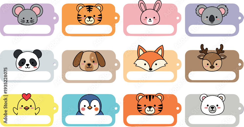 Fototapeta premium Cute Animal Name Tags Collection with Mouse Tiger Bunny Koala Panda Fox and Cartoon Label Vector Illustration Set