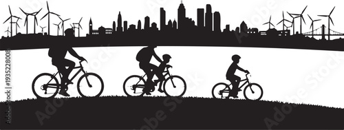 Silhouette of people cycling in front of city skyline