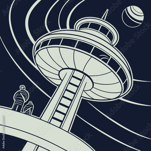 Retro Futuristic Space Age Tower and Domes on a Dark Background, Sci-Fi Architecture, Future City