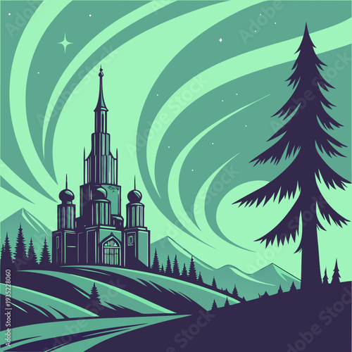 Mystical Orthodox Church under Aurora Borealis Sky, Winter Landscape, Northern Lights, Spiritual Serenity