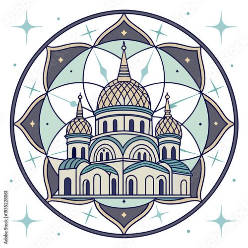 Ornate Russian Orthodox Cathedral with Golden Domes in Geometric Mandala, Spiritual Art, Cultural Heritage