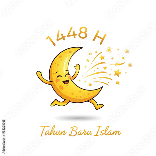 Happy Moon Character Jumping with Fireworks for Tahun Baru Islam