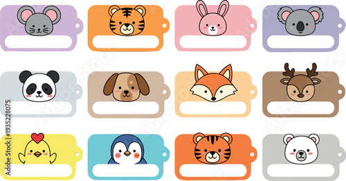 Cute Animal Name Tags Collection with Mouse Tiger Bunny Koala Panda Fox and Cartoon Label Vector Illustration Set