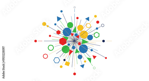 Abstract explosion of colorful geometric shapes and lines radiating from a central point, symbolizing data or connection.