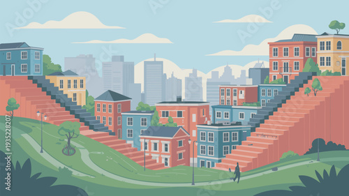 A vibrant illustration of a city neighborhood with colorful houses and stairs leading to a bustling urban landscape
