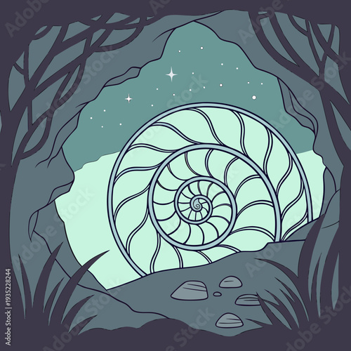 Enchanted Forest Cave with Spiral and Stars