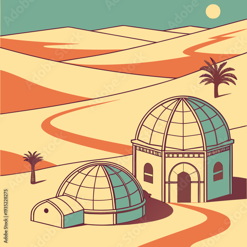 Desert landscape with geodesic domes and palm trees in vintage retro style, warm color palette