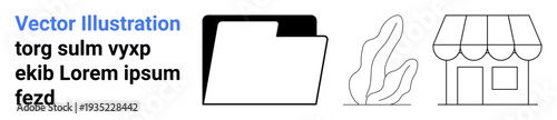 Business organization, nature, commerce, digital storage, office tools, small business branding. Black folder, plant and storefront outlined in minimalistic style. Business organization and commerce