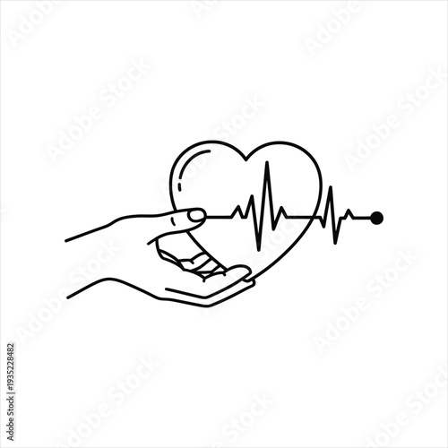 Human hand holding heart with heartbeat pulse line symbol for medical healthcare cardiology and life saving awareness