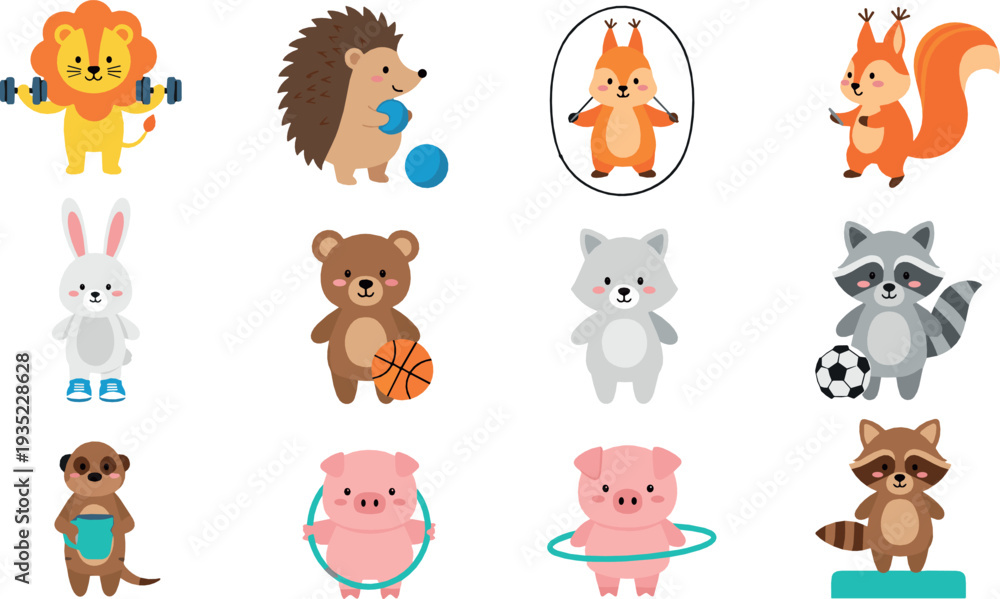 Obraz premium Cute Animal Sports Activities Collection with Lion Bear Pig Raccoon and Bunny Cartoon Vector Illustration Set