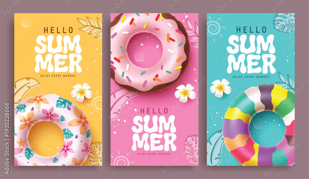 Fototapeta premium Hello Summer greeting clipart poster set. Hello Summer greeting text clip art with floater, flower and drawing tropical leaves in colorful abstract background for vacation holiday fliers design 