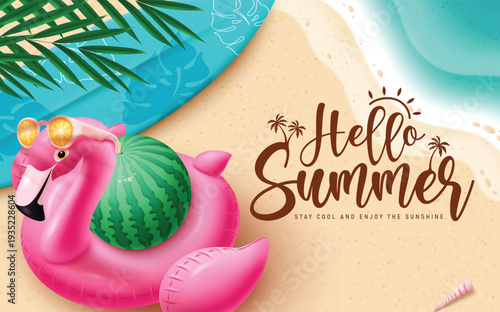 Hello Summer greeting text clipart banner design. Hello Summer greeting clip art with pink inflatable flamingo, watermelon, surfboard and palm leaves summer elements in beach top view seashore