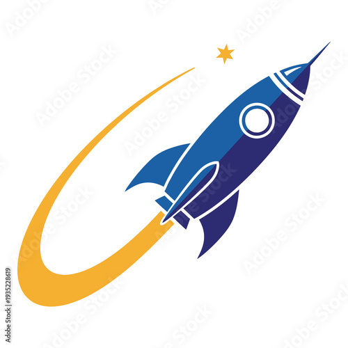 Blue rocket ship with yellow flame and star in space icon