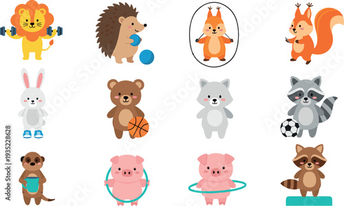 Cute Animal Sports Activities Collection with Lion Bear Pig Raccoon and Bunny Cartoon Vector Illustration Set
