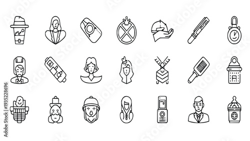 Collection of 28 high-quality outline icons with diverse designs for various applications and fully qualitee sublection prompts set in a clean and minimalist layout.