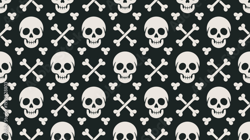 A pattern of white skulls and crossbones on a black background, creating a striking and eerie design.