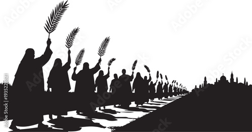 Silhouette of people holding palm fronds in a procession