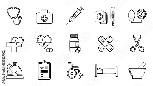 Set of medical icons representing healthcare and medical services with various symbols and tools used in the medical profession for patient care and treatment.
