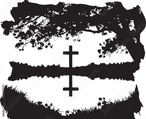 Grunge Cross Silhouette with Tree Branches and Grass Texture