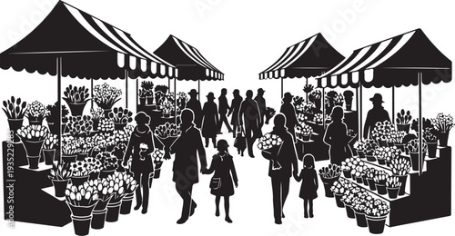 Black and white illustration of a busy flower market scene