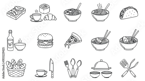 Collection of various food and drink icons with kitchenware in a minimalist black outline style