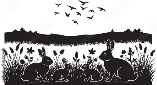 Family of Rabbits in a Serene Natural Landscape Setting Silhouette