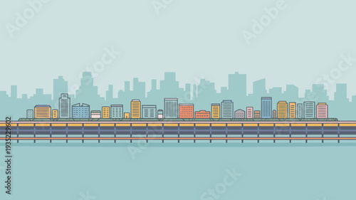 A vibrant cityscape with a train track and a skyline of colorful buildings in an urban environment