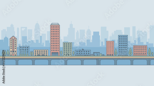 A colorful illustration of a city skyline with buildings and a bridge over water