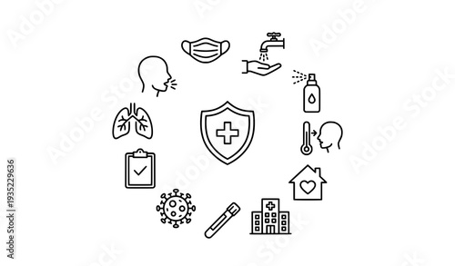 Minimal COVID-19 Safety and Healthcare Outline Icons Isolated on White Background Vector Pack